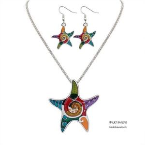 Silver Stainless Colorful Enamel Oil Drip Starfish Necklace & Earring Set